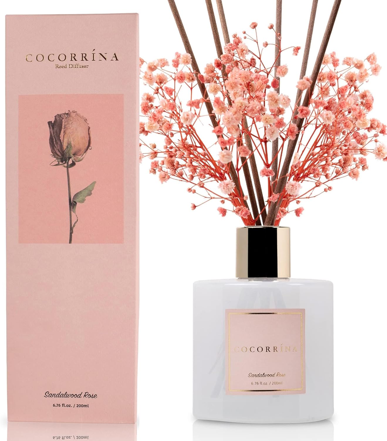 Cocorrína Reed Diffuser – Sandalwood Rose, 6.7oz with Baby’s Breath